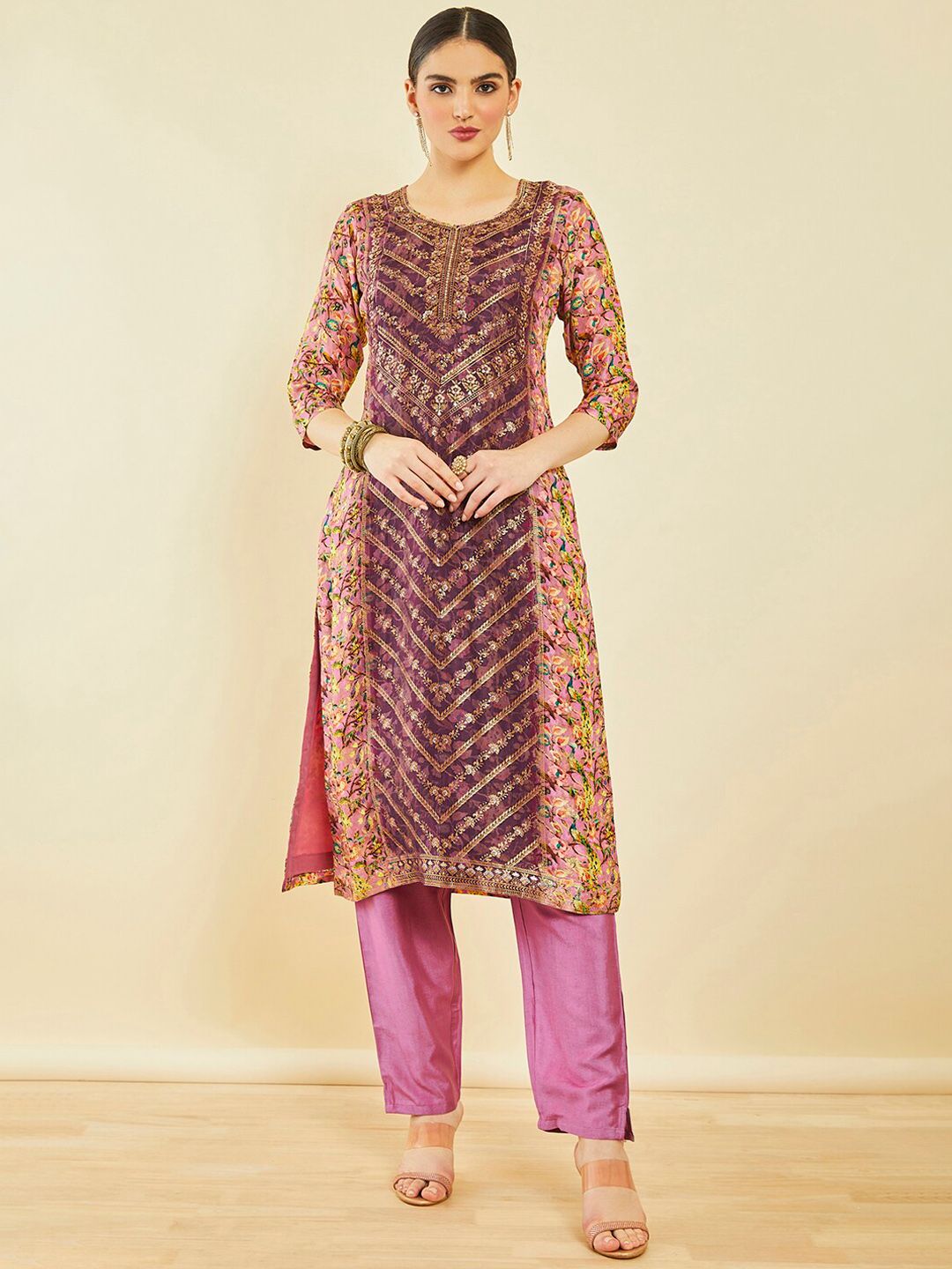 Dhiyona SO Women's Ethnic Motifs Printed Beads and Stones Kurta & Trousers With Dupatta