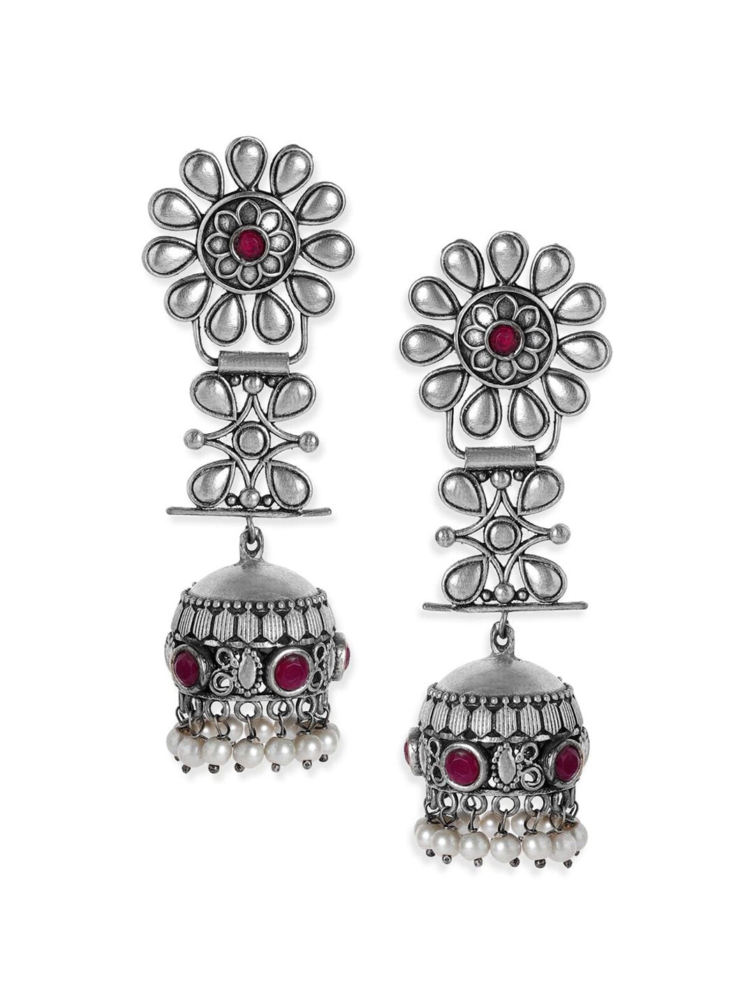 Dhiyona RJ Women's Oxidised Silver-Plated Jhumka Earrings with Ruby Red Stones and White Pearl Beads
