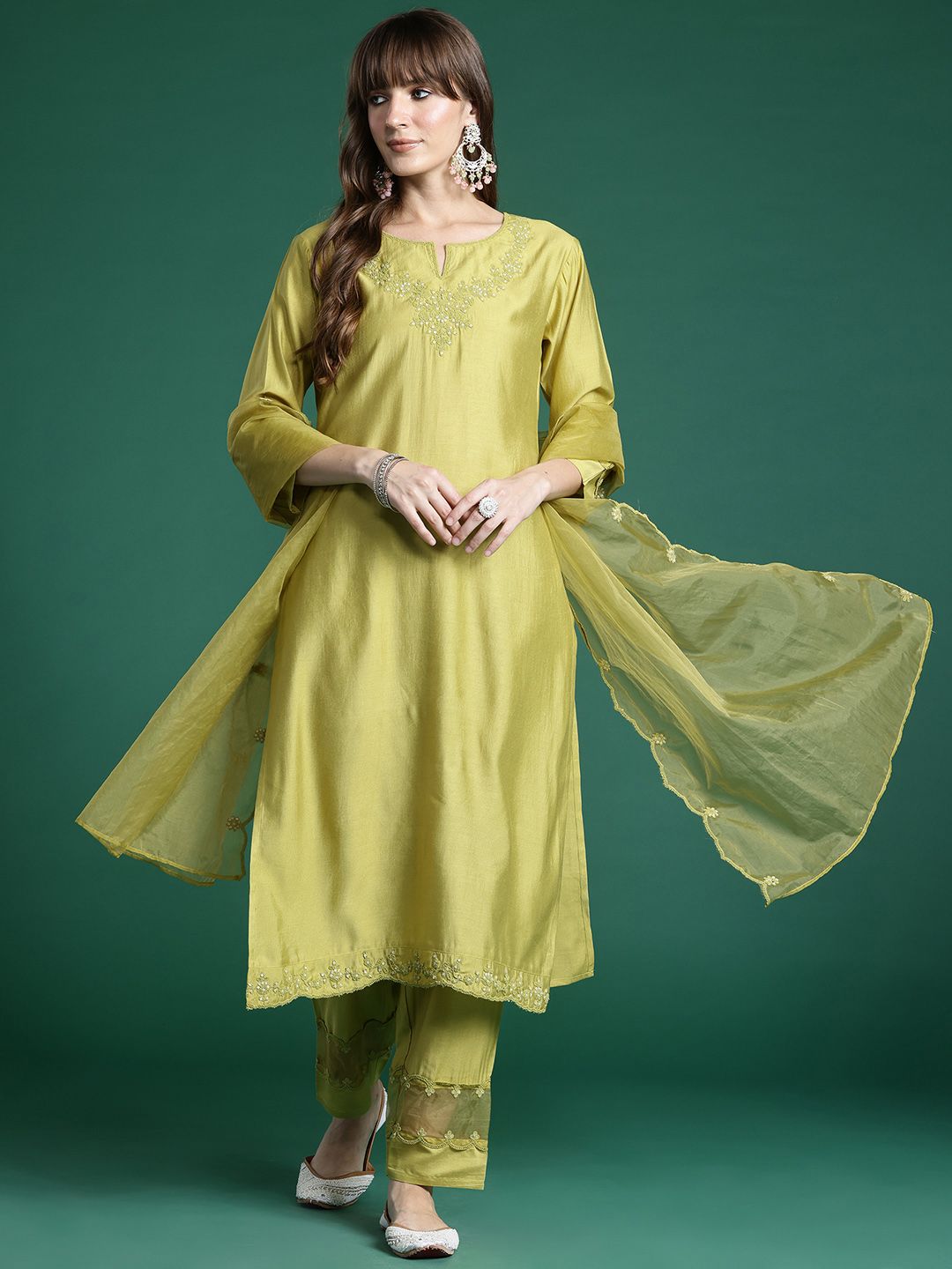 Ethnic Motifs Embroidered Sequinned Liva Kurta With Trousers & Dupatta