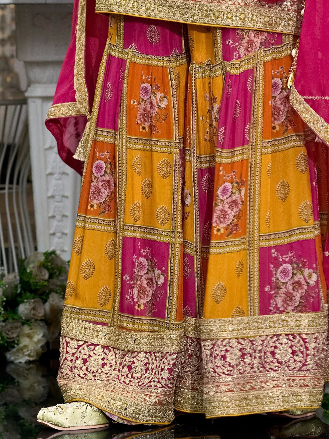 Dhiyona IE Floral Embroidered Sequinned Chinon Straight Kurta With Palazzos & Dupatta