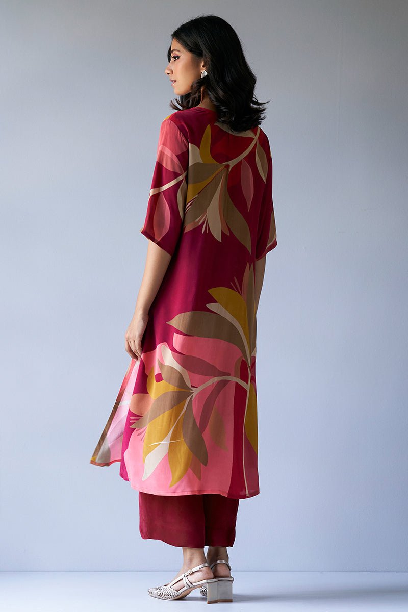 Women's Maroon Crepe Silk Printed Co-ord Set