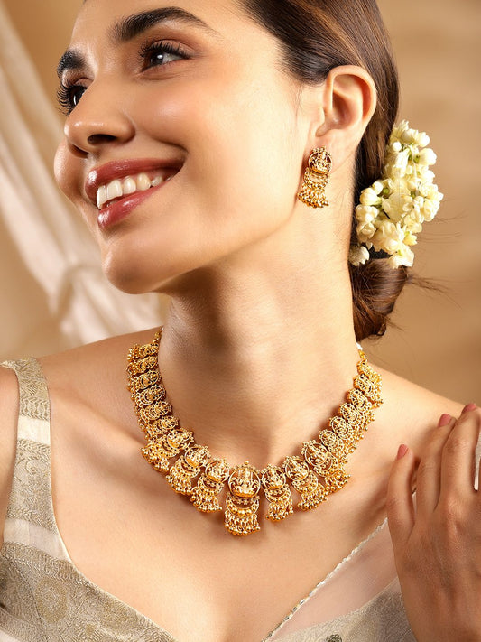 Dhiyona RJ Women's 24K Gold Plated Goddess Lakshmi Motif Handcrafted Traditional Temple Jewellery Set