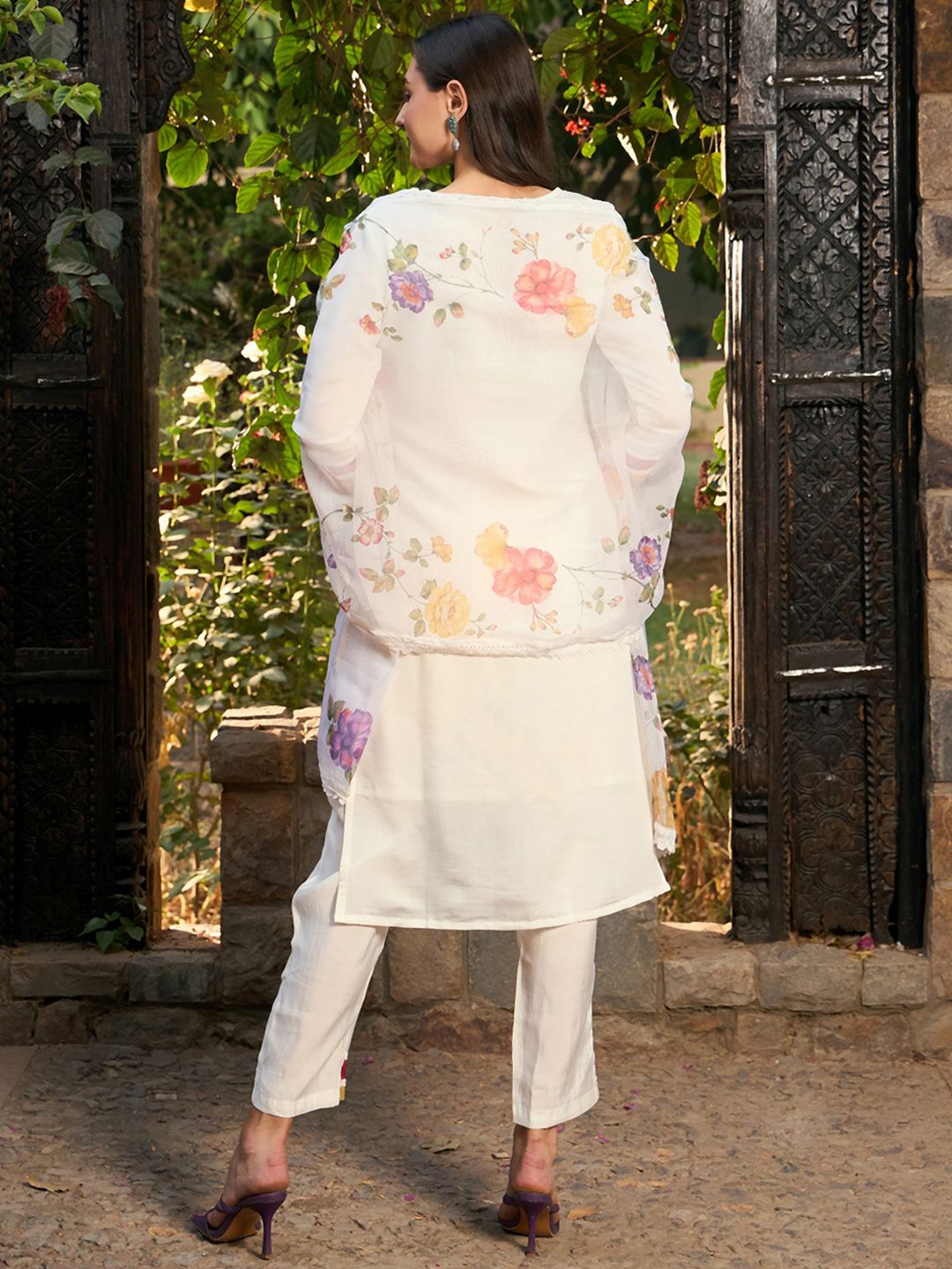 Floral Embroidered Patchwork Straight Kurta With Trousers & Dupatta