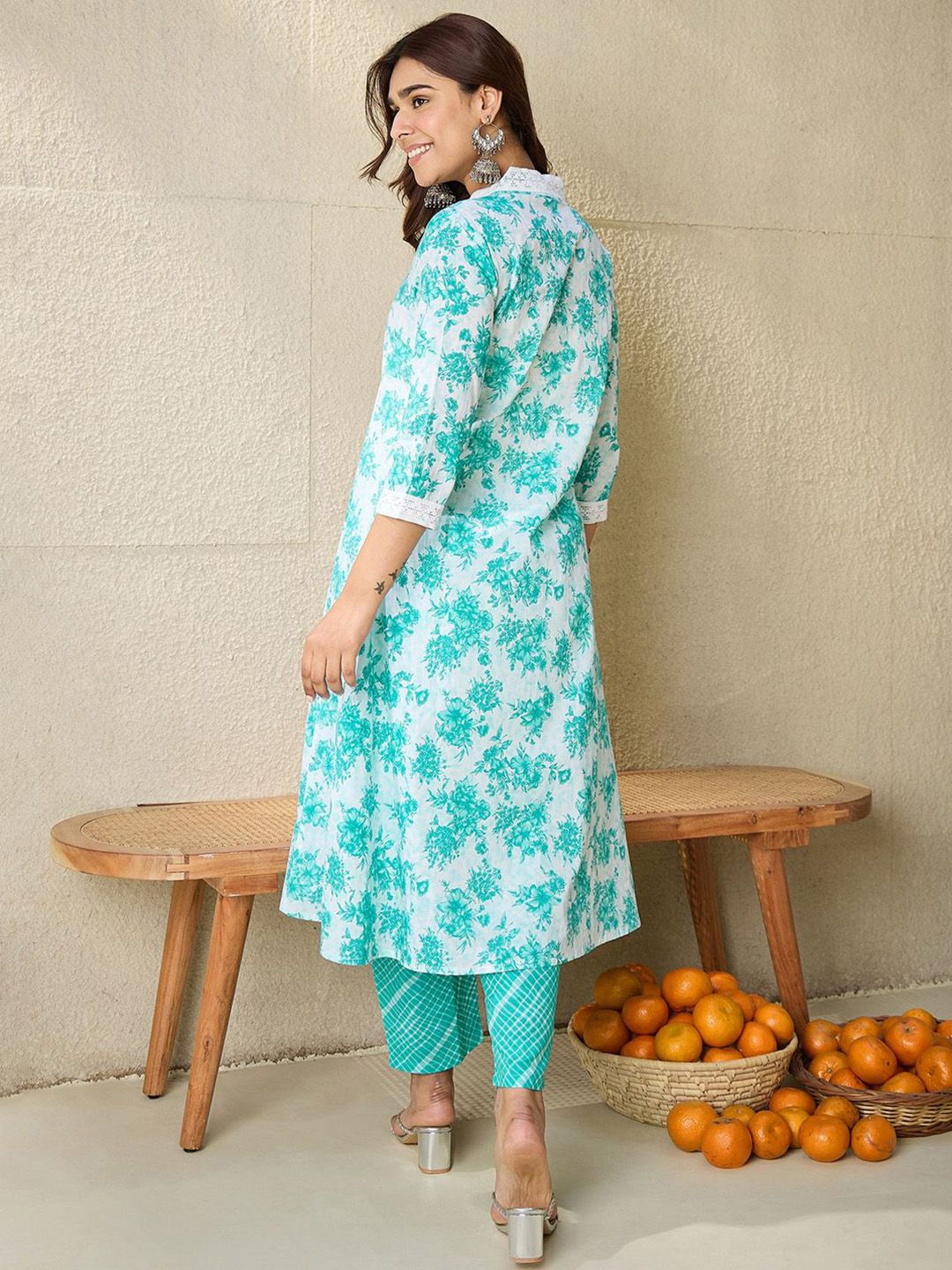 Floral Printed V-Neck Pure Cotton A-Line Kurta With Trousers