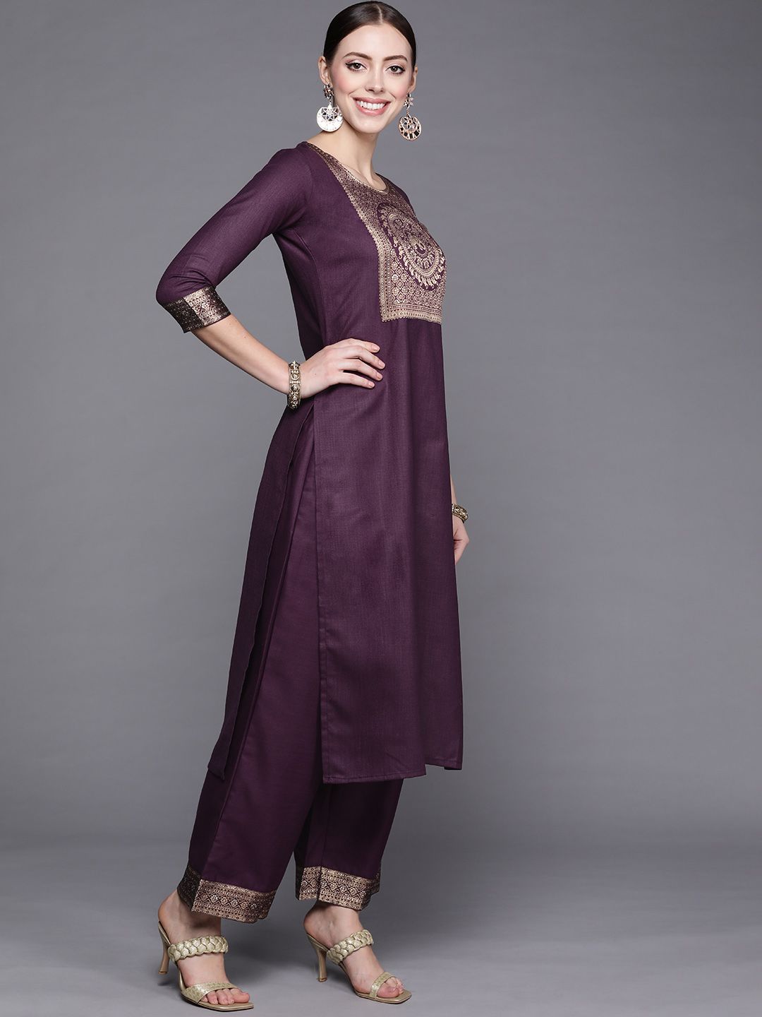 Dhiyona IE Women Purple Yoke Design Kurta with Palazzos & With Dupatta
