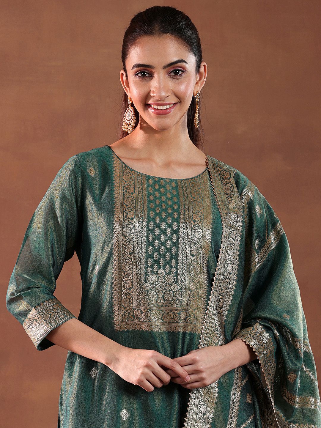 Dhiyona LB Women's Green and Gold Ethnic Motifs Woven Design Straight Kurta with Trouser & Dupatta