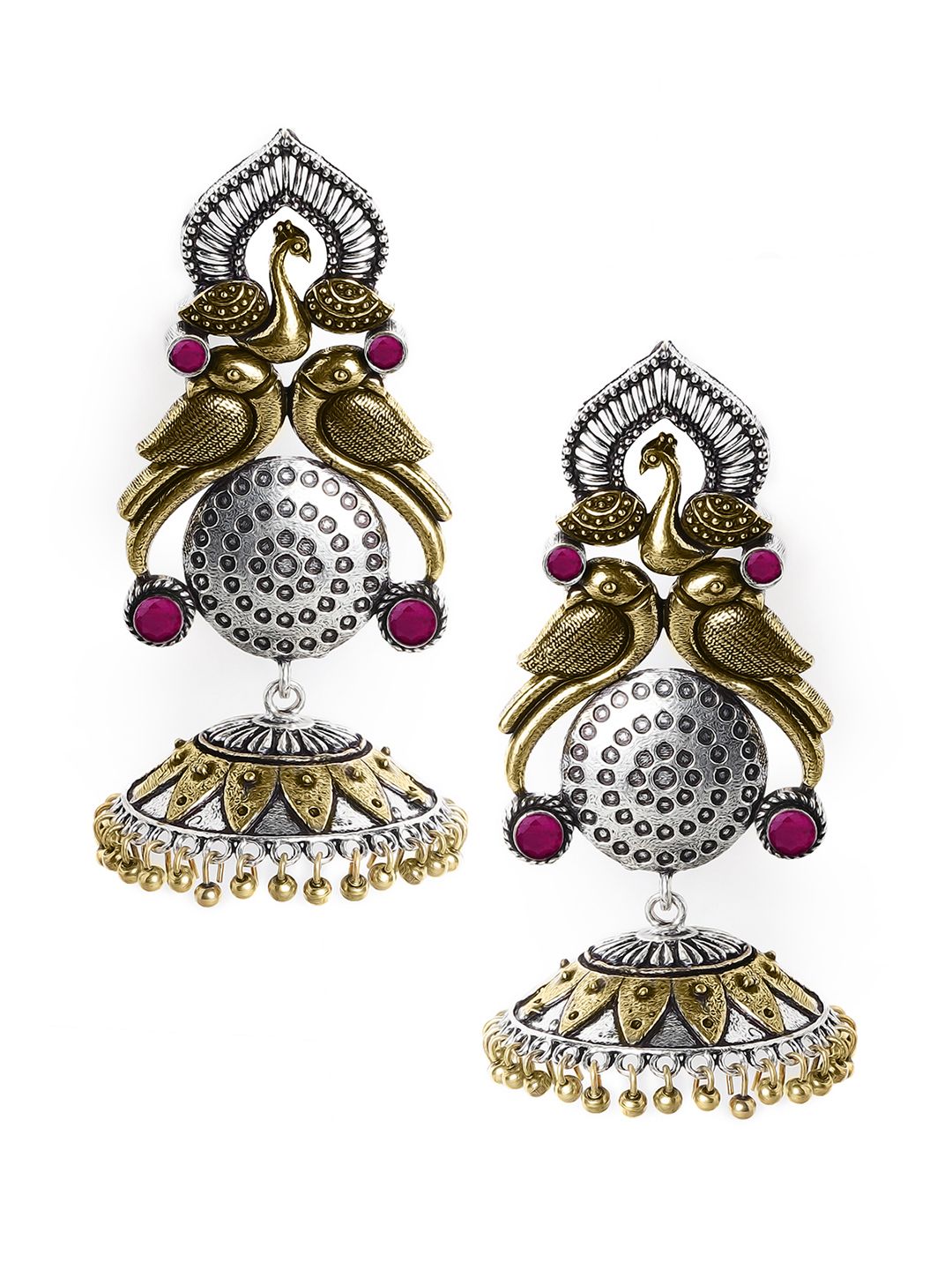 Dhiyona RJ Women's Oxidised Silver Plated Dual Tone Gold and Silver Pink Stone Peacock Jhumka Earrings