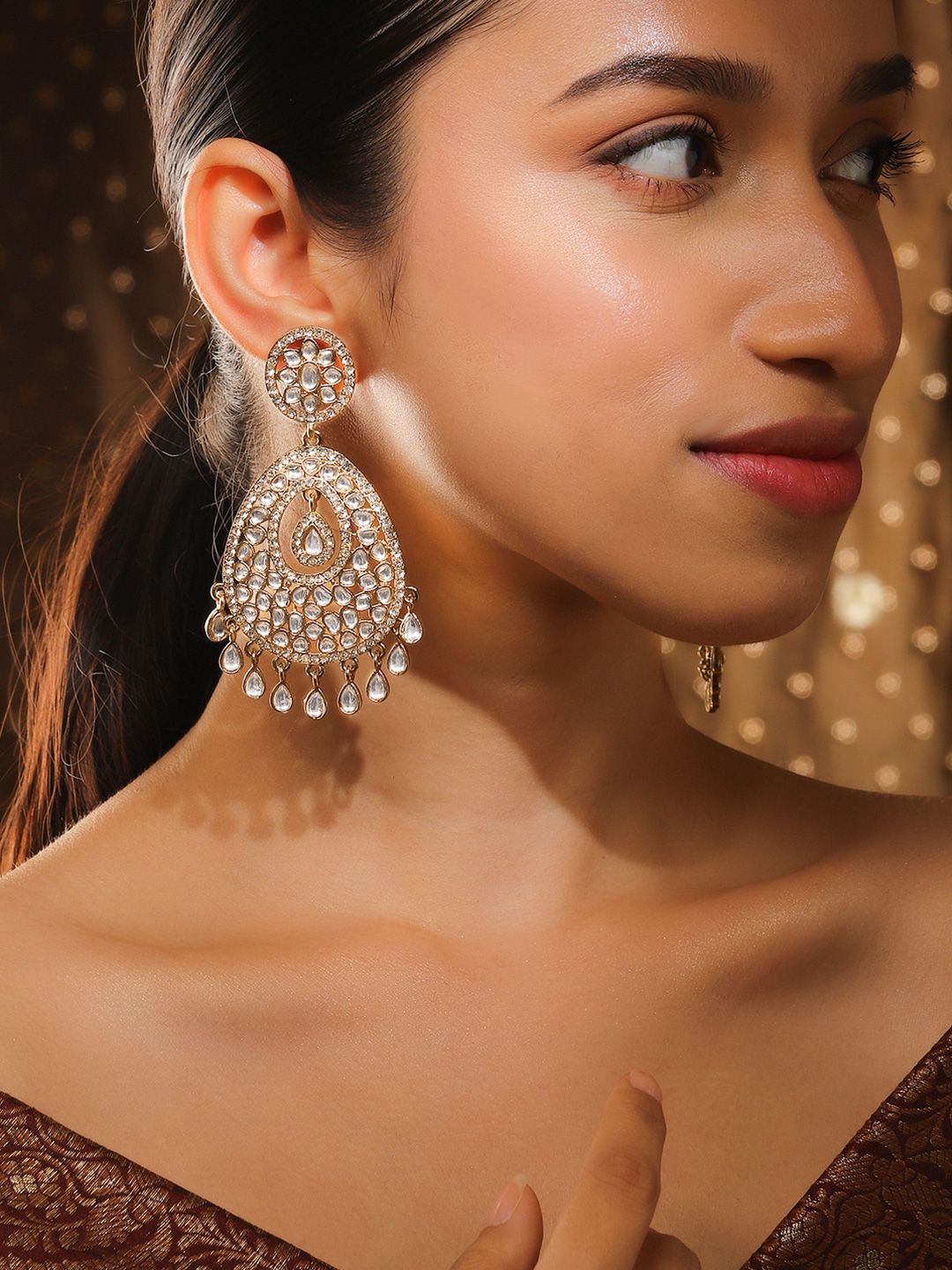 Dhiyona RJ Women's 22K Gold-Plated Kundan Studded Handcrafted Chandelier Earrings with Kundan Droplets