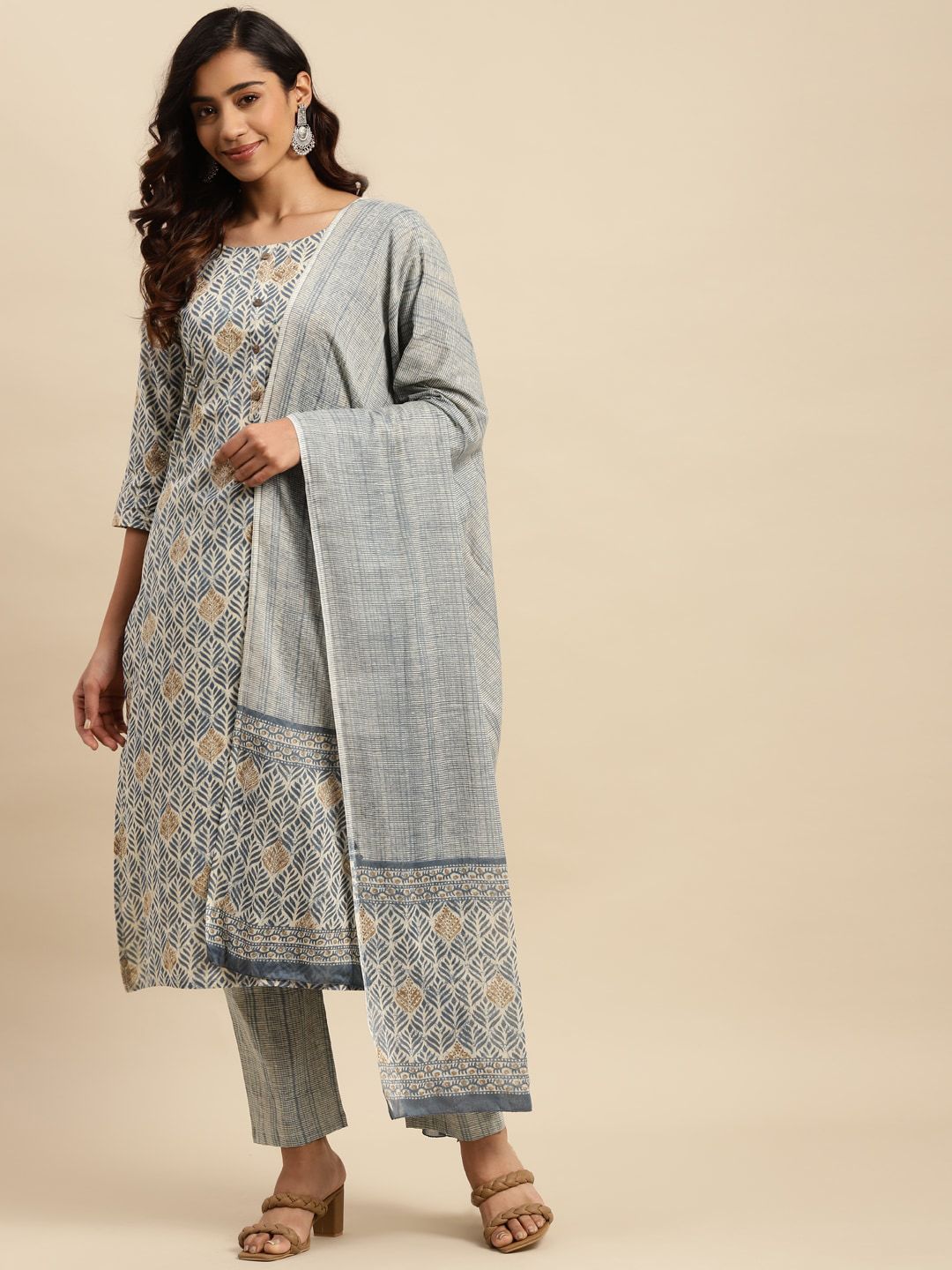 Dhiyona SN Women's Grey Ethnic Printed Thread Work Pure Cotton Kurta With Trouser & Dupatta Set