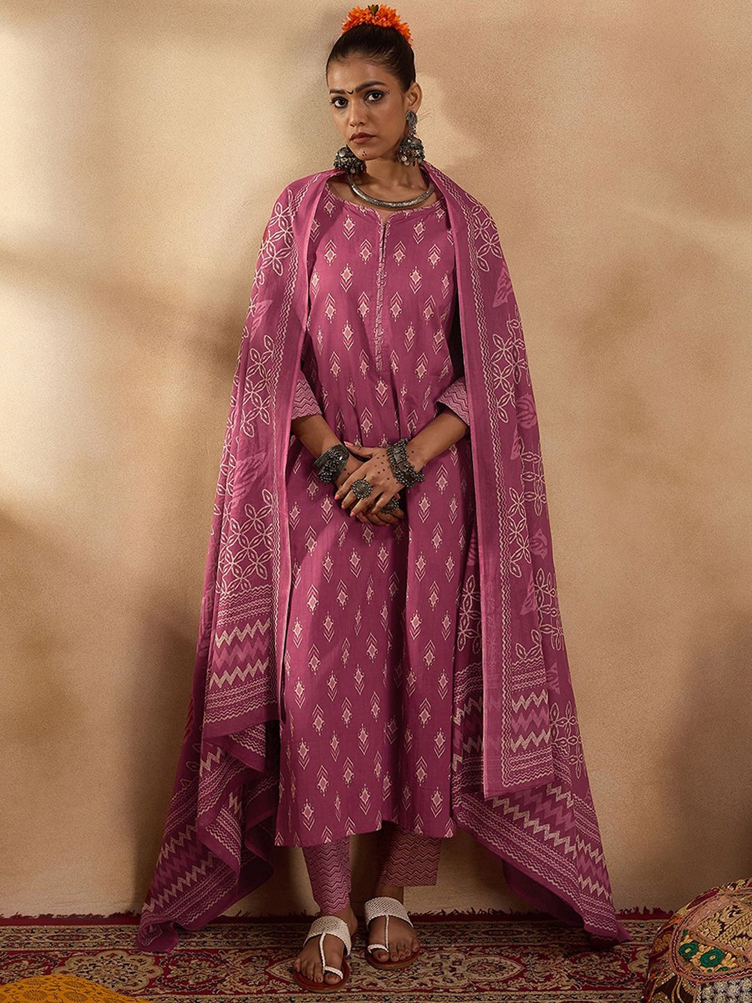 Ethnic Motifs Printed Pure Cotton Straight Kurta with Trousers & Dupatta