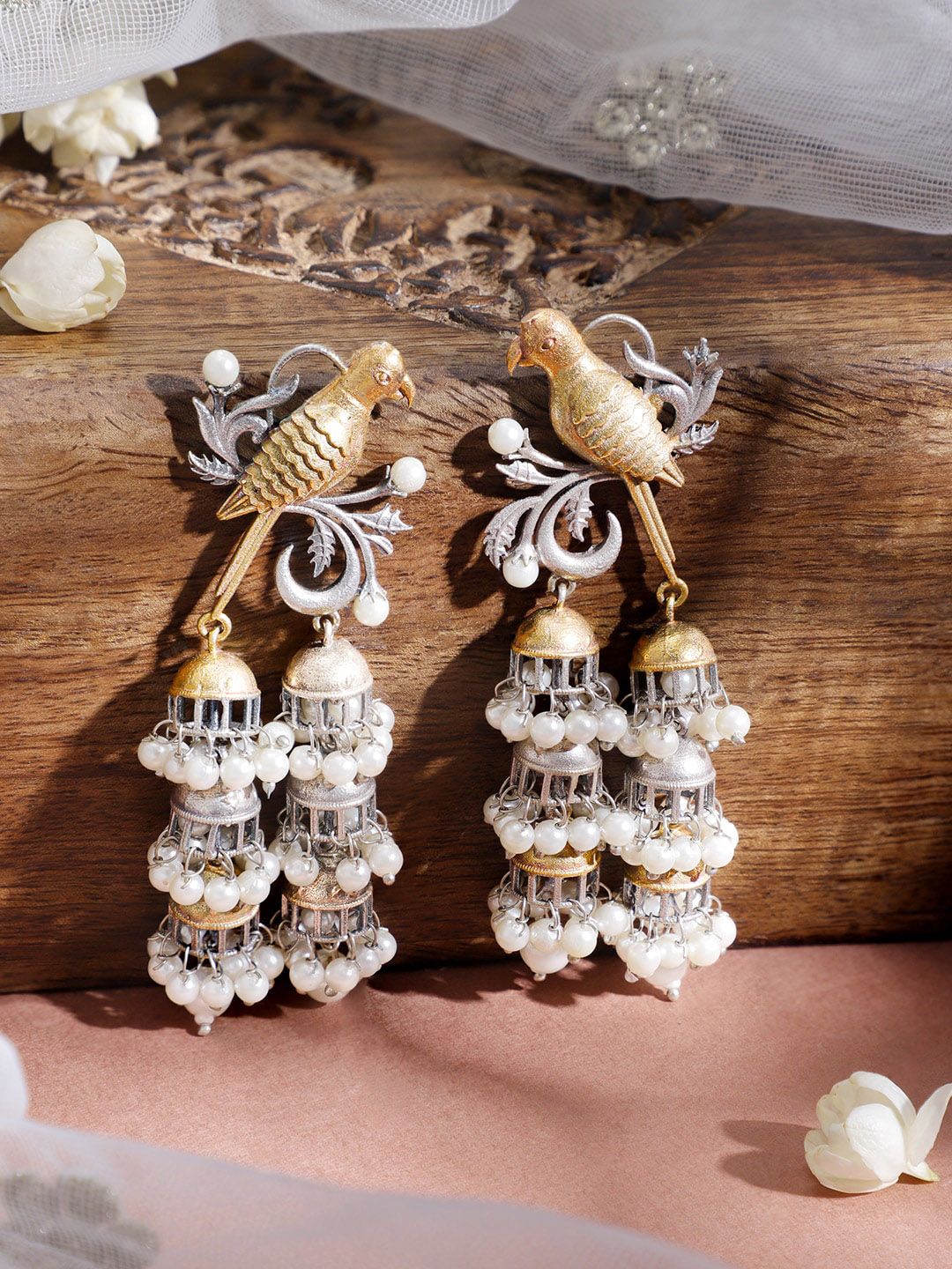 Dhiyona RJ Women's Women Oxidised Rhodium Plated White Pearls with Birds Multi Jhumka Earrings