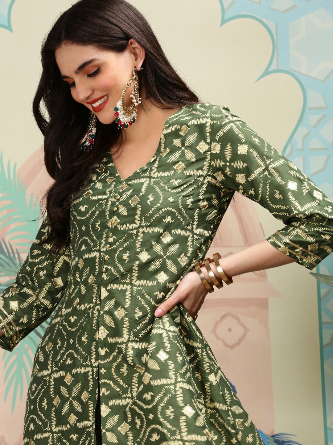 Dhiyona IS Women's Geometric Printed V-Neck A-Line Kurta with Sharara