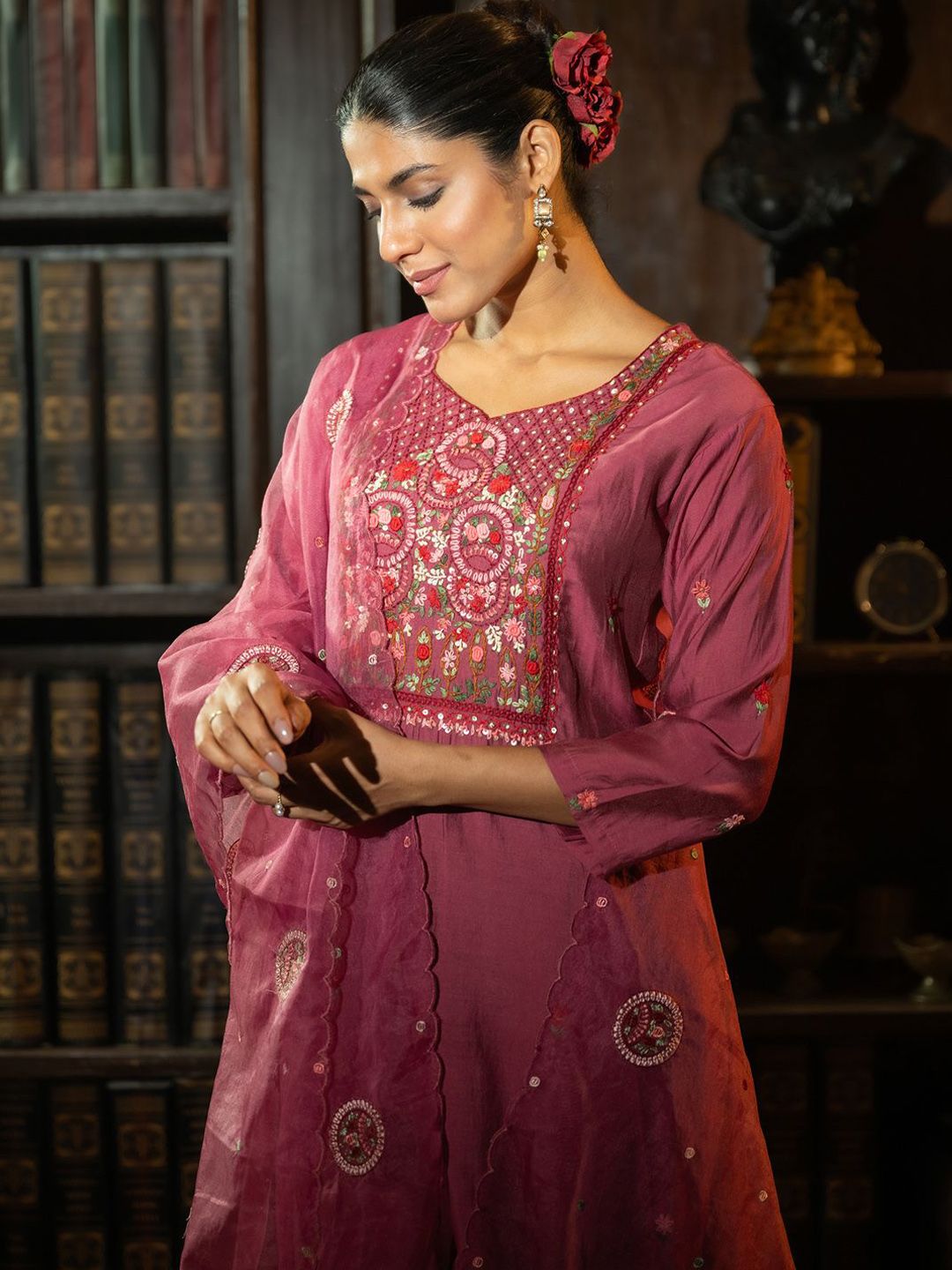 Floral Embroidered Thread Work Kurta With Trousers & Dupatta