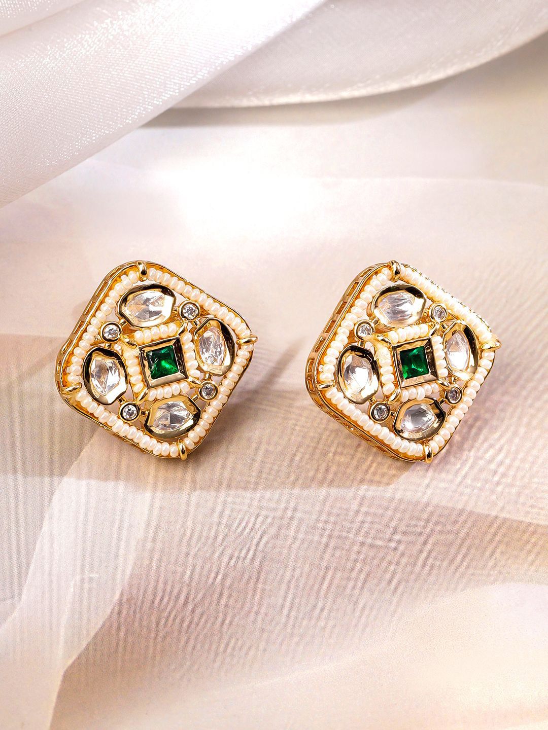 Dhiyona RJ Women's 22K Gold-Plated Polki & Emerald Cubic Zirconia Studed White Pearl Beaded Choker Set