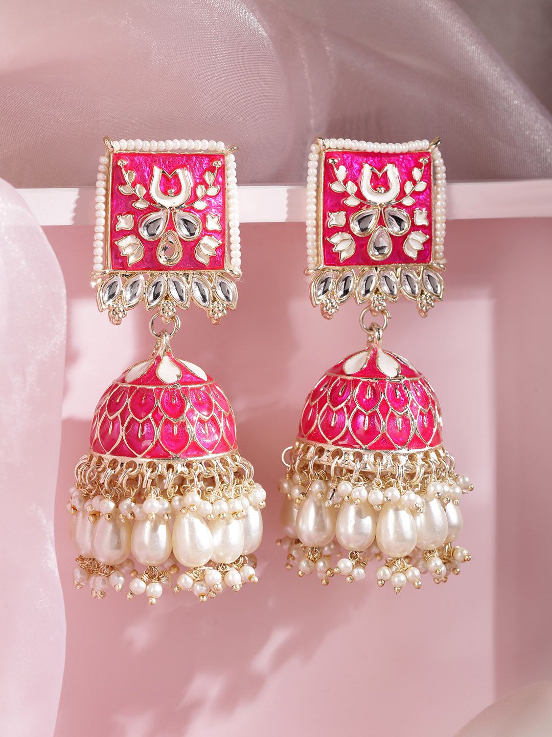 Dhiyona RJ Women's 18K Gold-Plated Pink Kundan & White Beads Studded Enamel Handcrafted Dome Jhumka
