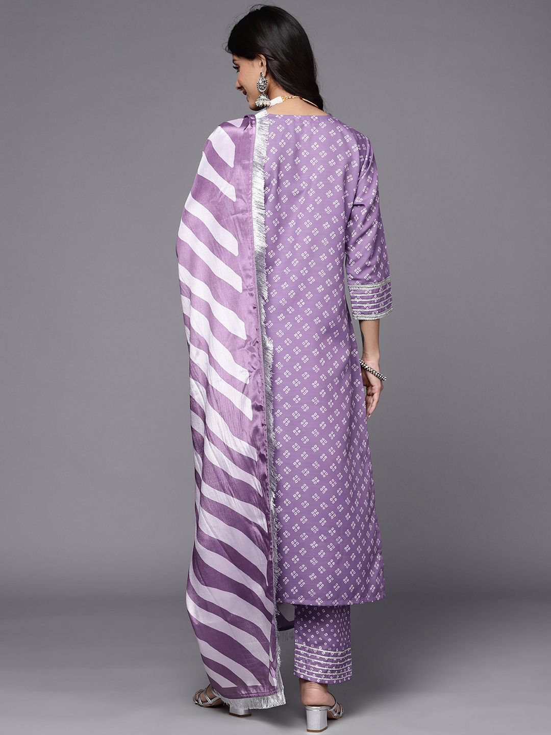 Dhiyona VA Women's Purple Bandhani Printed Kurta with Trousers & With Dupatta