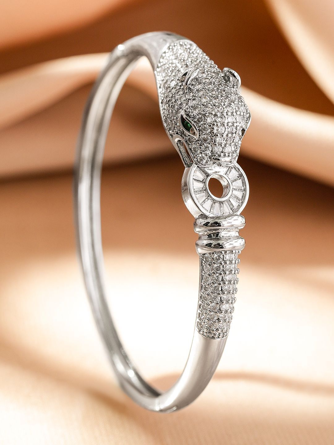 Dhiyona RJ Women's Rhodium Plated Demi Fine Openable Panther Head Cubic Zirconia Studded Bracelet