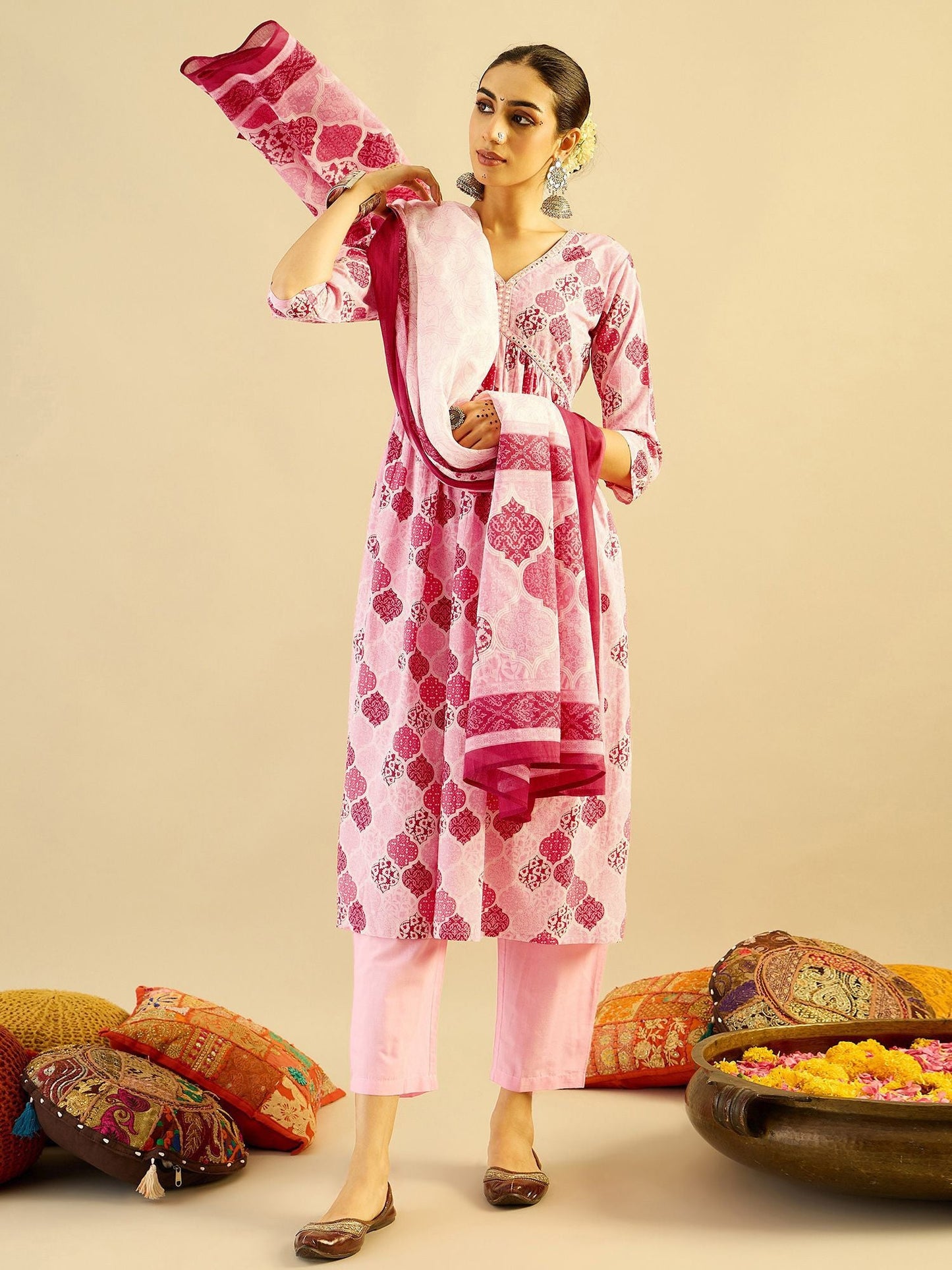 Dhiyona IE Ethnic Motifs Printed Mirror Work Pure Cotton Kurta with Trouser And Dupatta