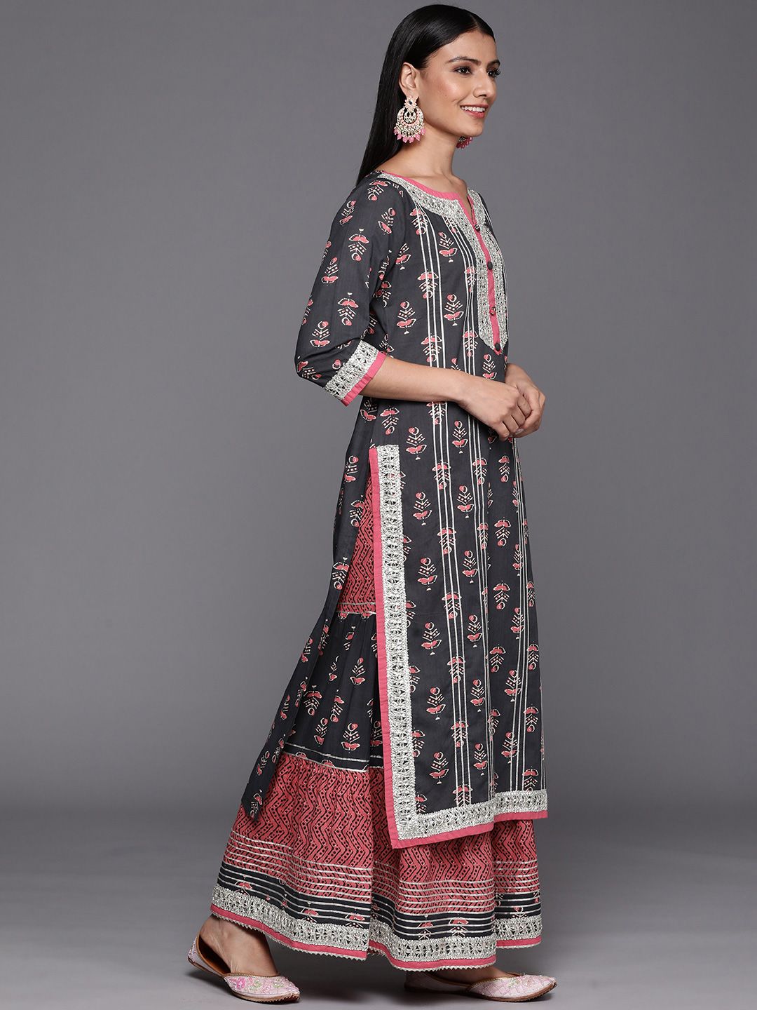 Dhiyona VA Women's Grey Ethnic Motifs Printed Gotta Patti Kurta with Sharara & With Dupatta