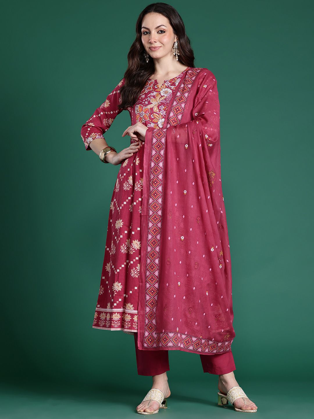 Dhiyona IE Floral Printed Pure Cotton Kurta with Trousers & Dupatta