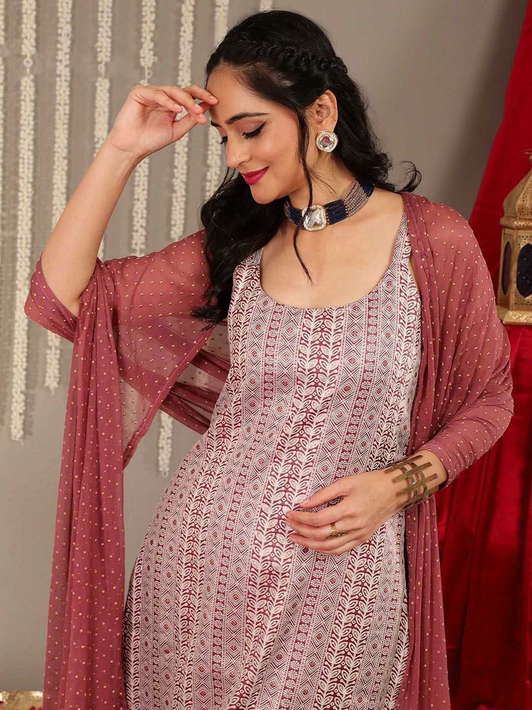 Dhiyona VA Women's Shoulder Straps Woven Printed Straight Kurta & Trouser With Dupatta