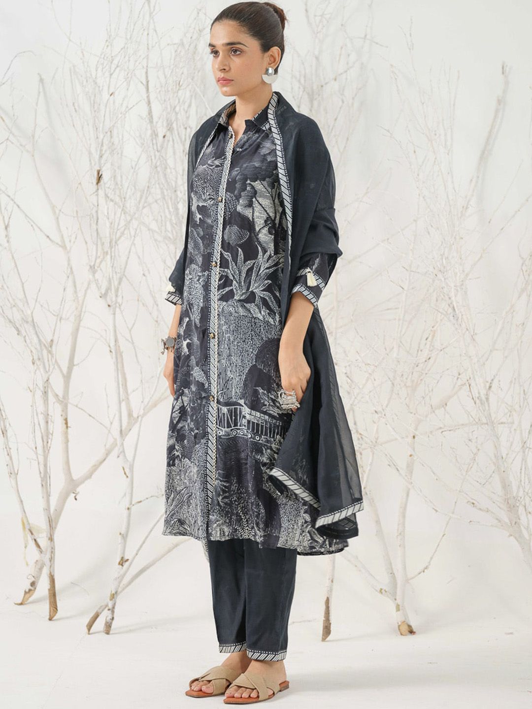 Dhiyona IS Women's Floral Printed Shirt Collar Straight Kurta with Trousers & Dupatta