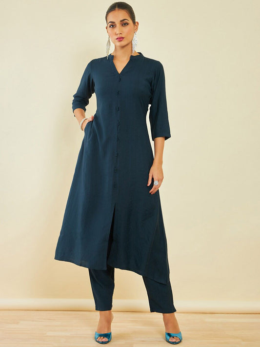 Dhiyona SO Women's Navy Blue Regular A-Line Kurta With Trousers