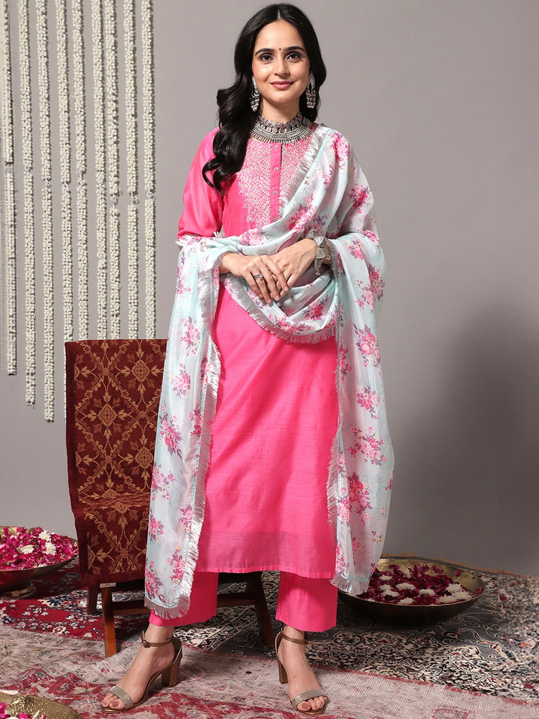 Dhiyona VA Women's Pink Yoke Design Sequinned Chanderi Silk Kurta with Palazzos & With Dupatta