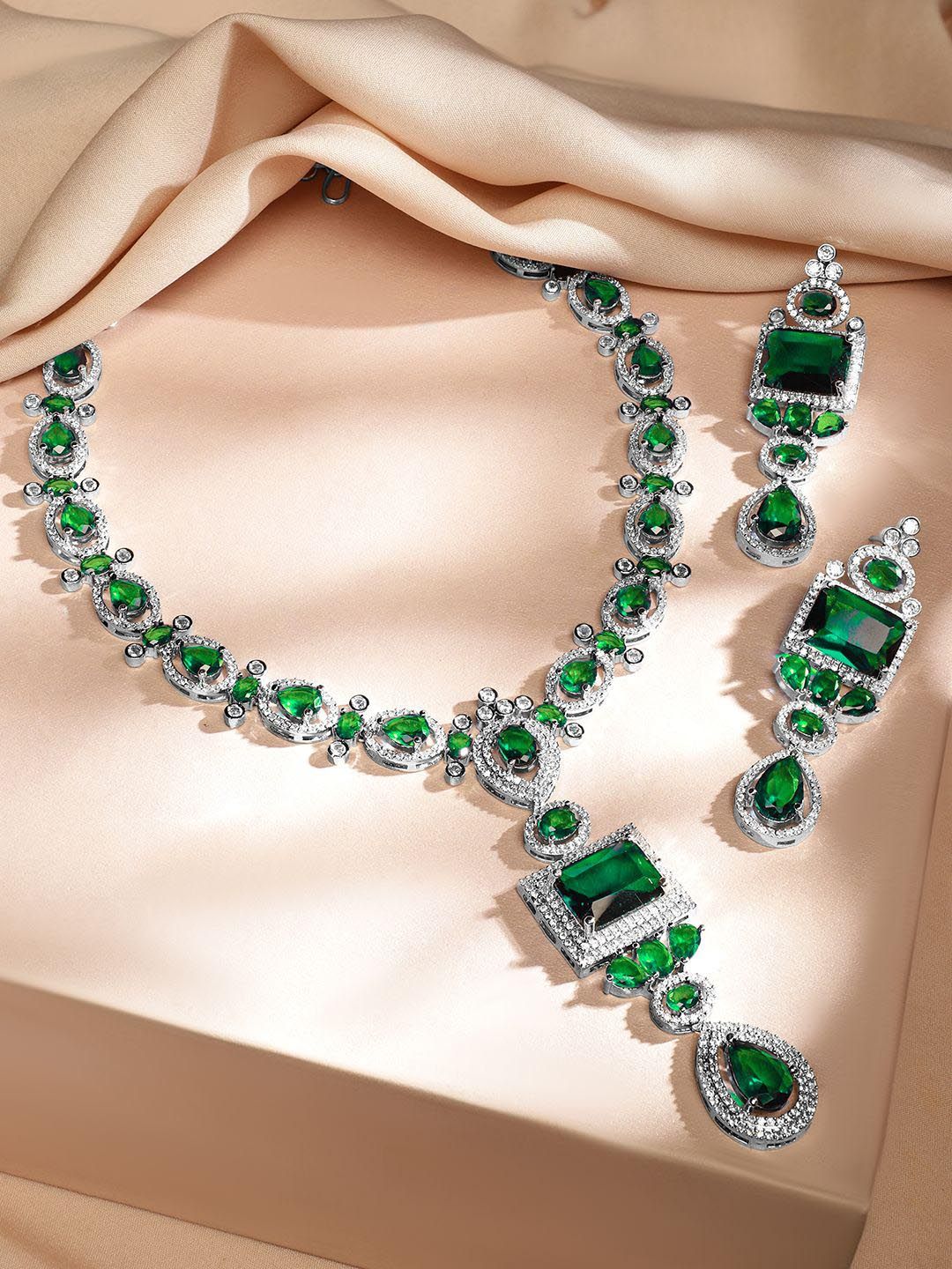 Dhiyona RJ Women's Rhodium-Plated Emerald Green & White Cubic Zirconia Studded Luxe Jewellery Set