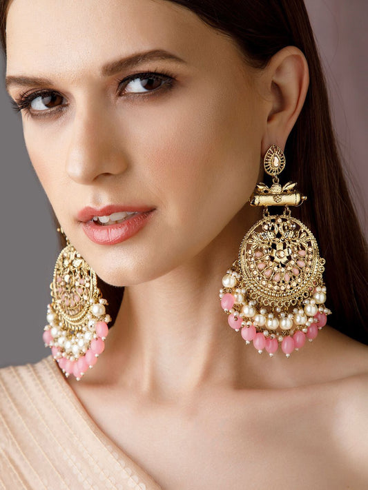 Dhiyona RJ Women's 18K Antique Gold-Plated Big Chandbali Earrings with Pearl & Pink Bead Accents