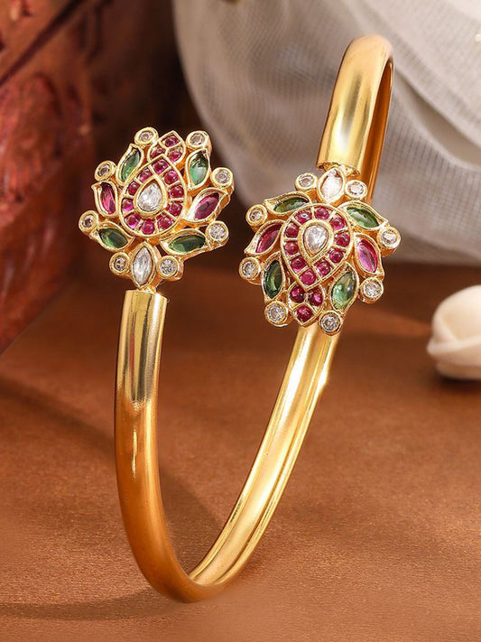 Dhiyona RJ Women's 18K Gold-Plated Ruby Pink, Green & White Kundan Studded Openable Bangle