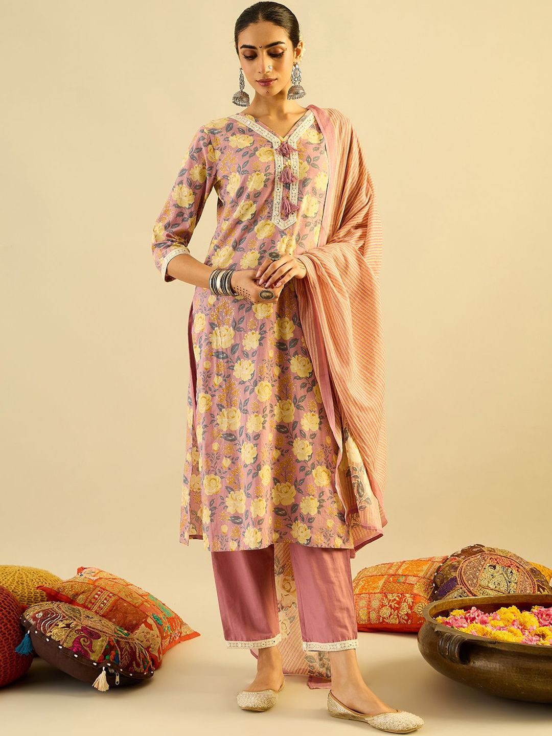 Dhiyona IE Floral Printed Pure Cotton Kurta With Trousers & Dupatta