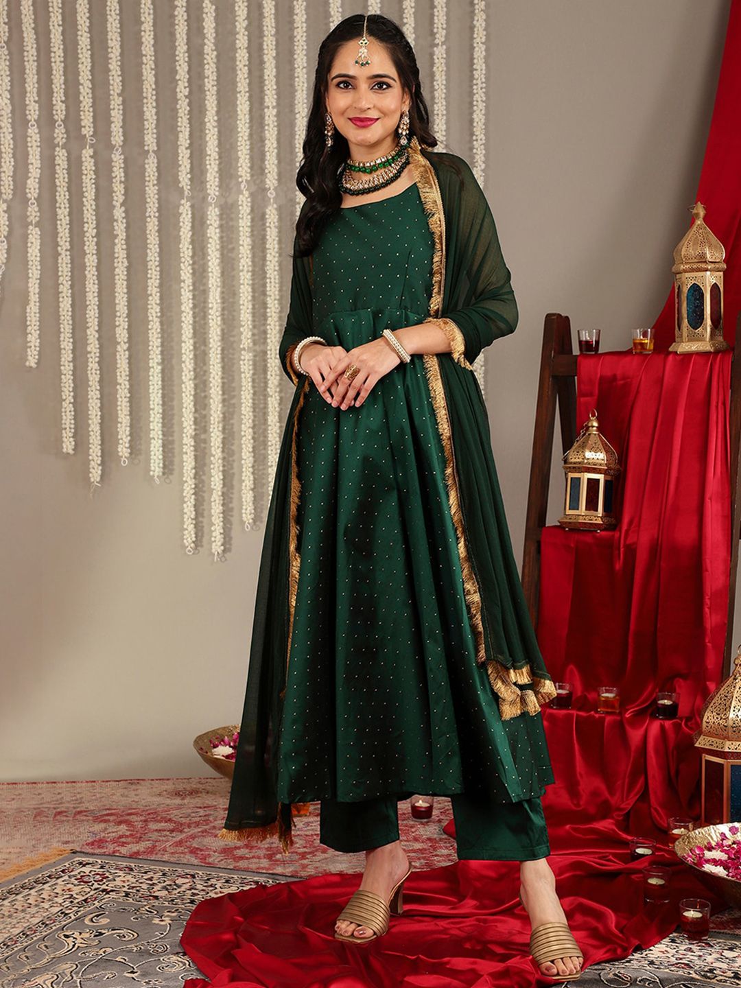 Dhiyona VA Women'sWoven Design Shoulder Straps Zari Detail Anarkali Kurta & Trousers With Dupatta