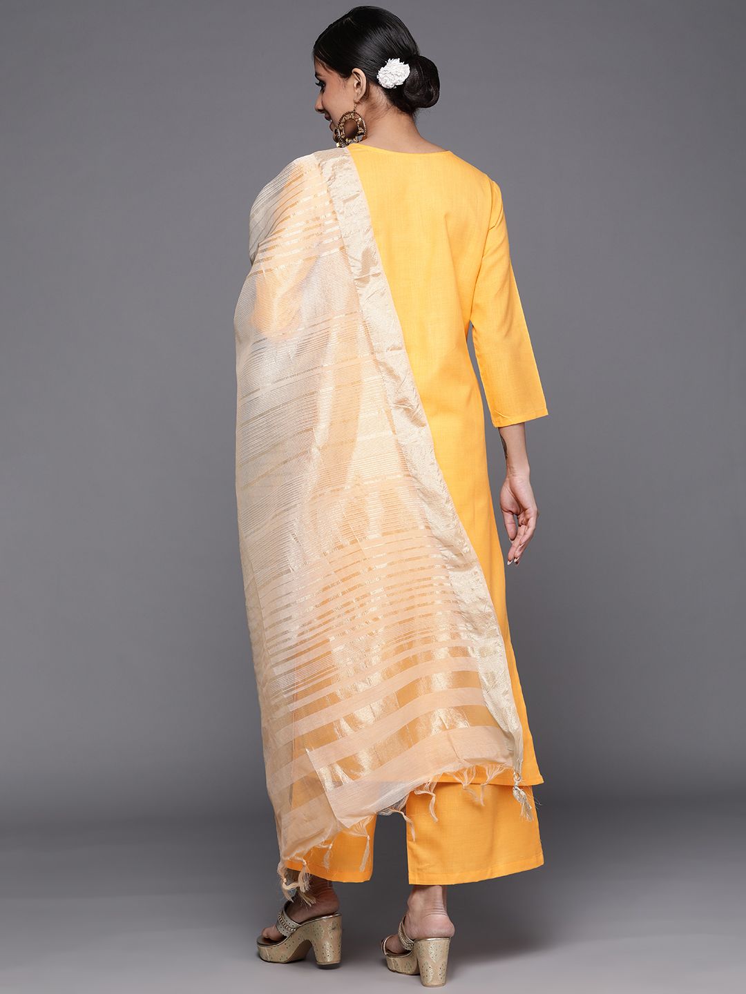 Dhiyona IE Women Yellow Floral Embroidered Kurta with Palazzos & Dupatta