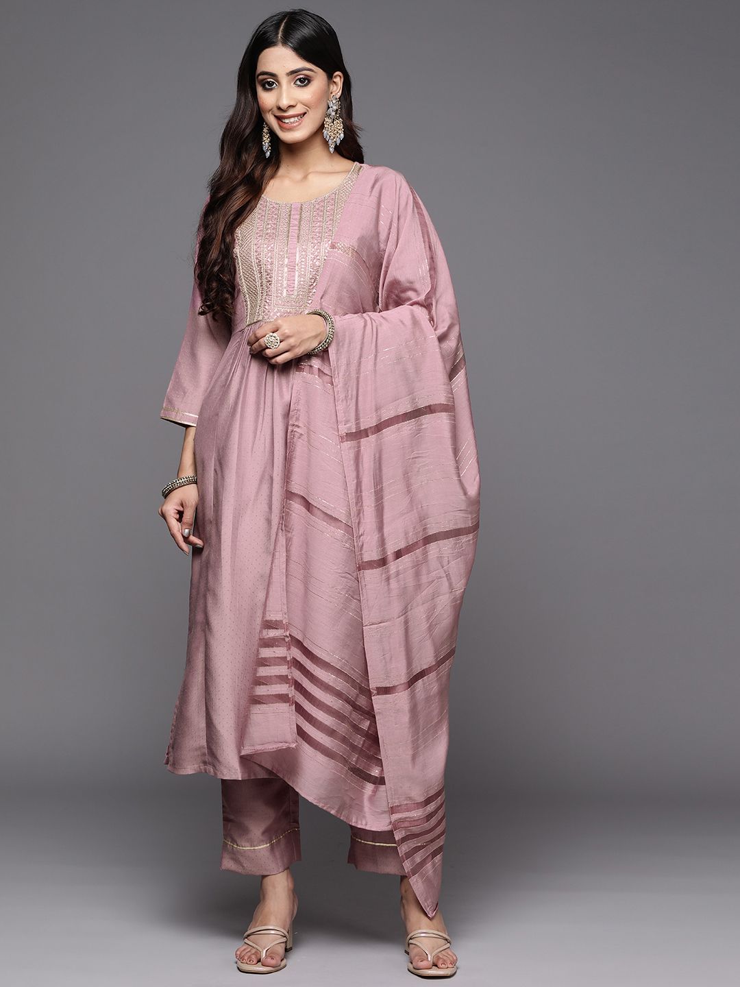 Dhiyona VA Women's Rose Embroidered Empire Kurta with Trousers & With Dupatta