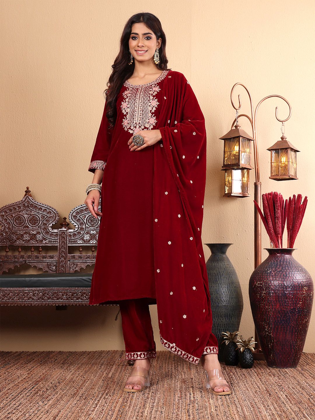 Dhiyona VA Women'sMaroon Floral Yoke Design Sequinned Velvet Straight Kurta with Trousers & Dupatta