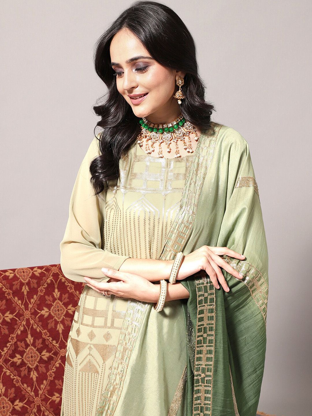 Dhiyona VA Women's Geometric Embroidered Regular Sequinned Kurta With Trousers & Dupatta