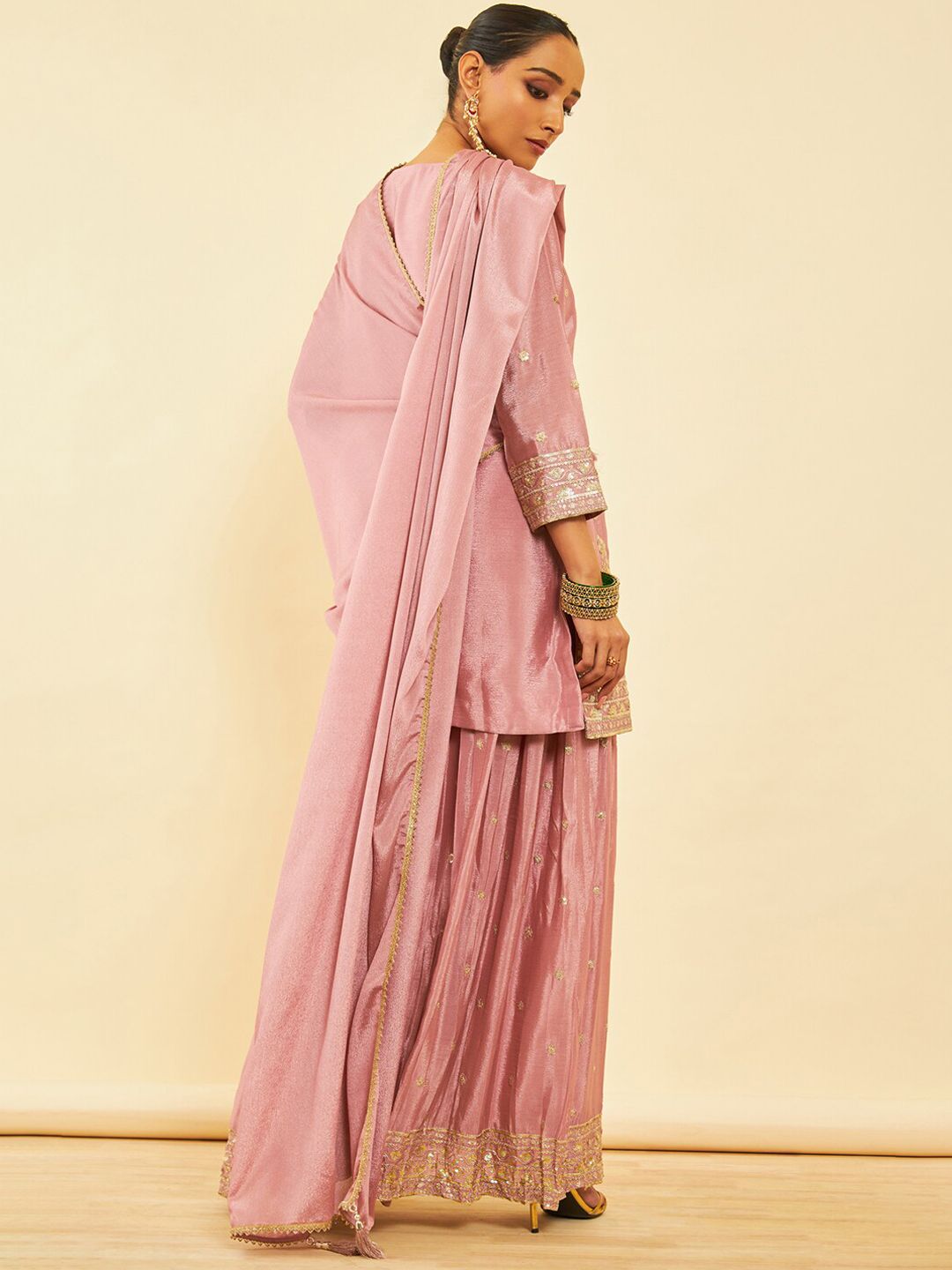 Dhiyona SO Women's Alina Cut Pink Ethnic Motifs Embroidered Regular Sequinned Kurta With Palazzos & Dupatta