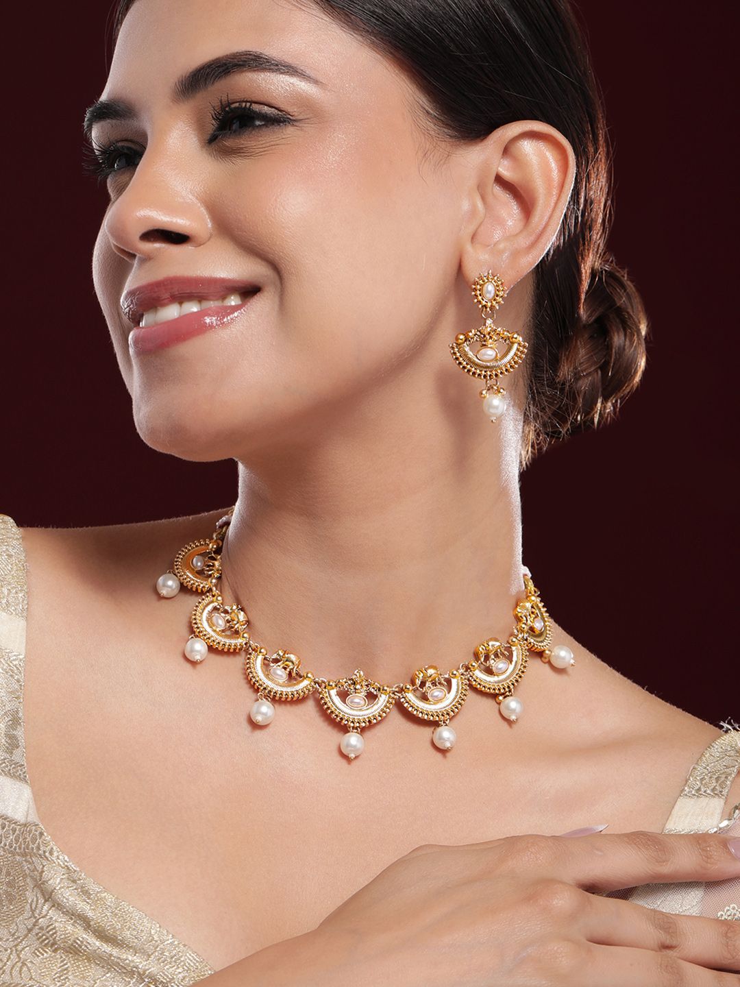 Dhiyona RJ Women's 18K Gold-Plated Pearl and Kundan Studded Temple Necklace Set
