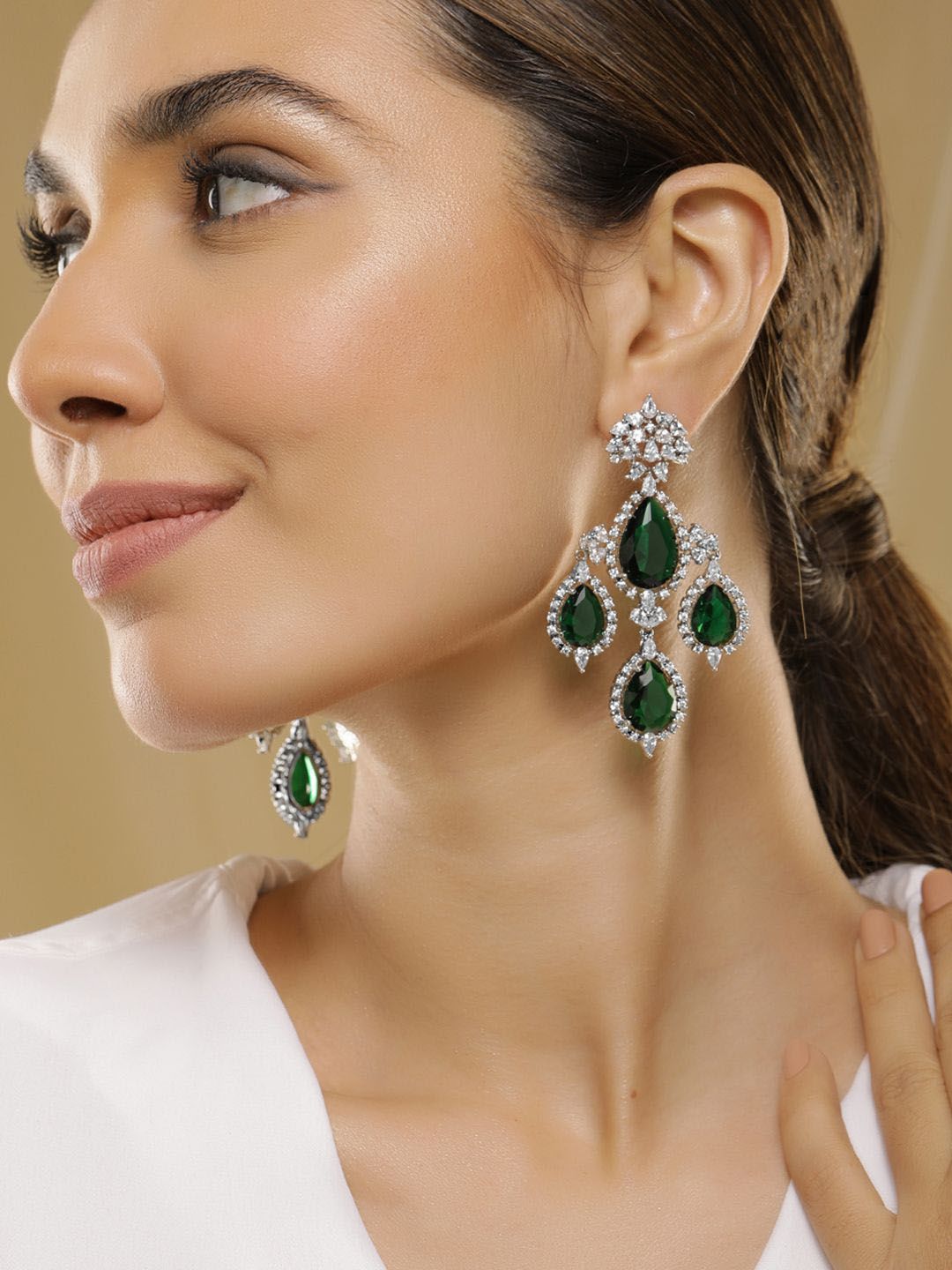 Dhiyona RJ Women's Silver-Plated Emerald Green & Cubic Zirconia Studded Premium Chandelier Earrings