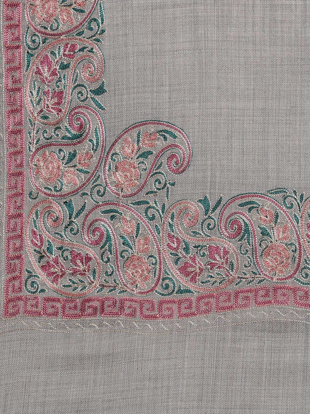 Dhiyona PA Women Grey & Pink Embroidered Pure Wool Shawl