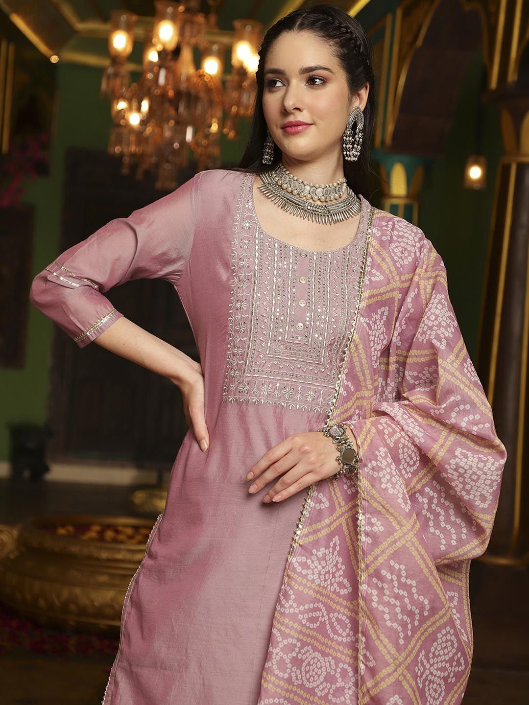 Dhiyona SN Women's Embroidered Straight Kurta With Trouser & Dupatta Set