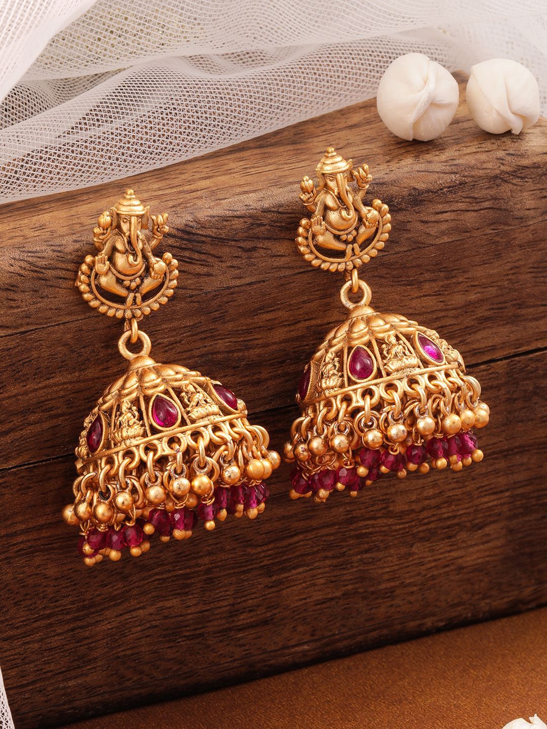 Dhiyona RJ Women's 18K Gold-Plated Ruby Stone & Beaded Divine Ganesha Temple Jhumka Earrings