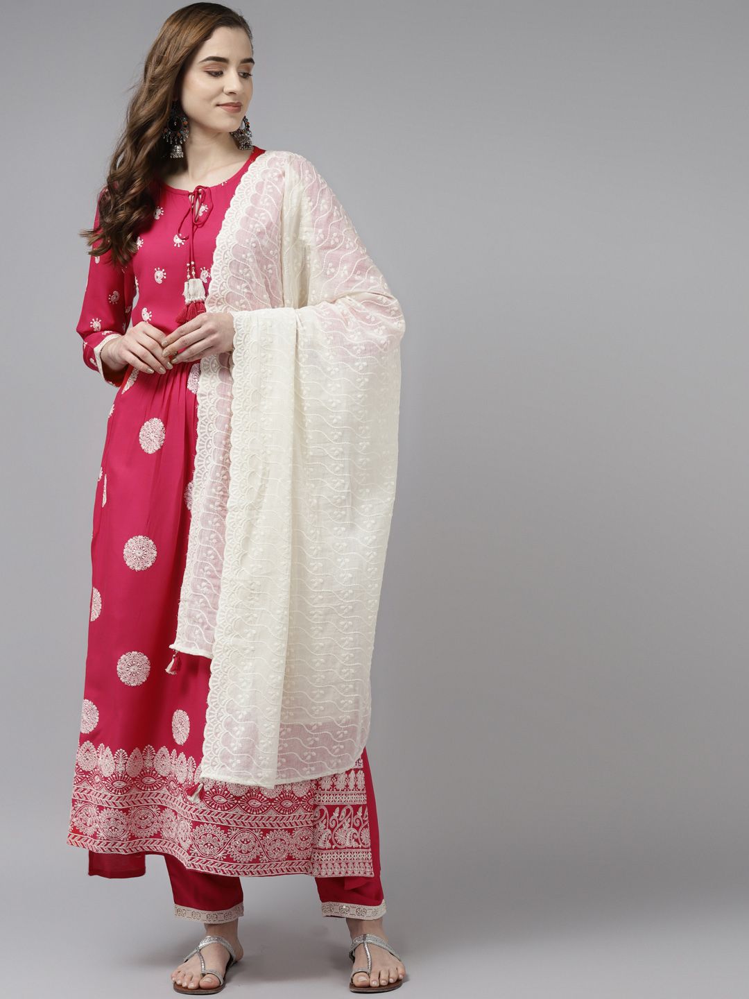 Dhiyona IE Women Pink Paisley Embroidered Pleated Kurta with Trousers & Dupatta
