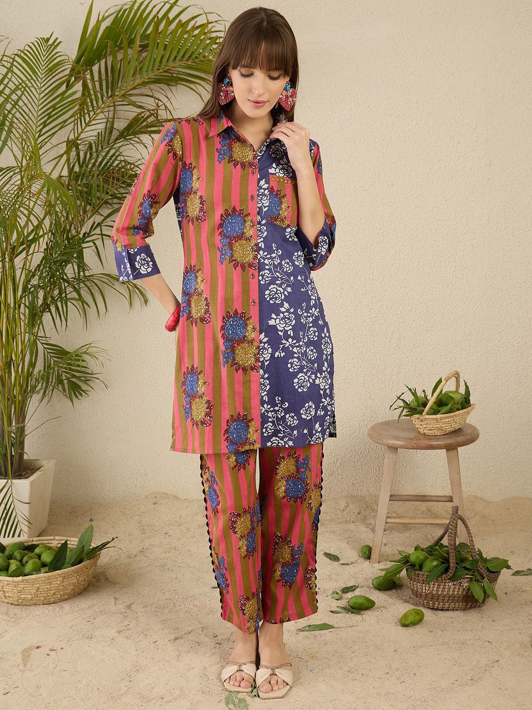 Dhiyona IE Floral Screen Printed Shirt Collar Pure Cotton Straight Kurta With Trousers