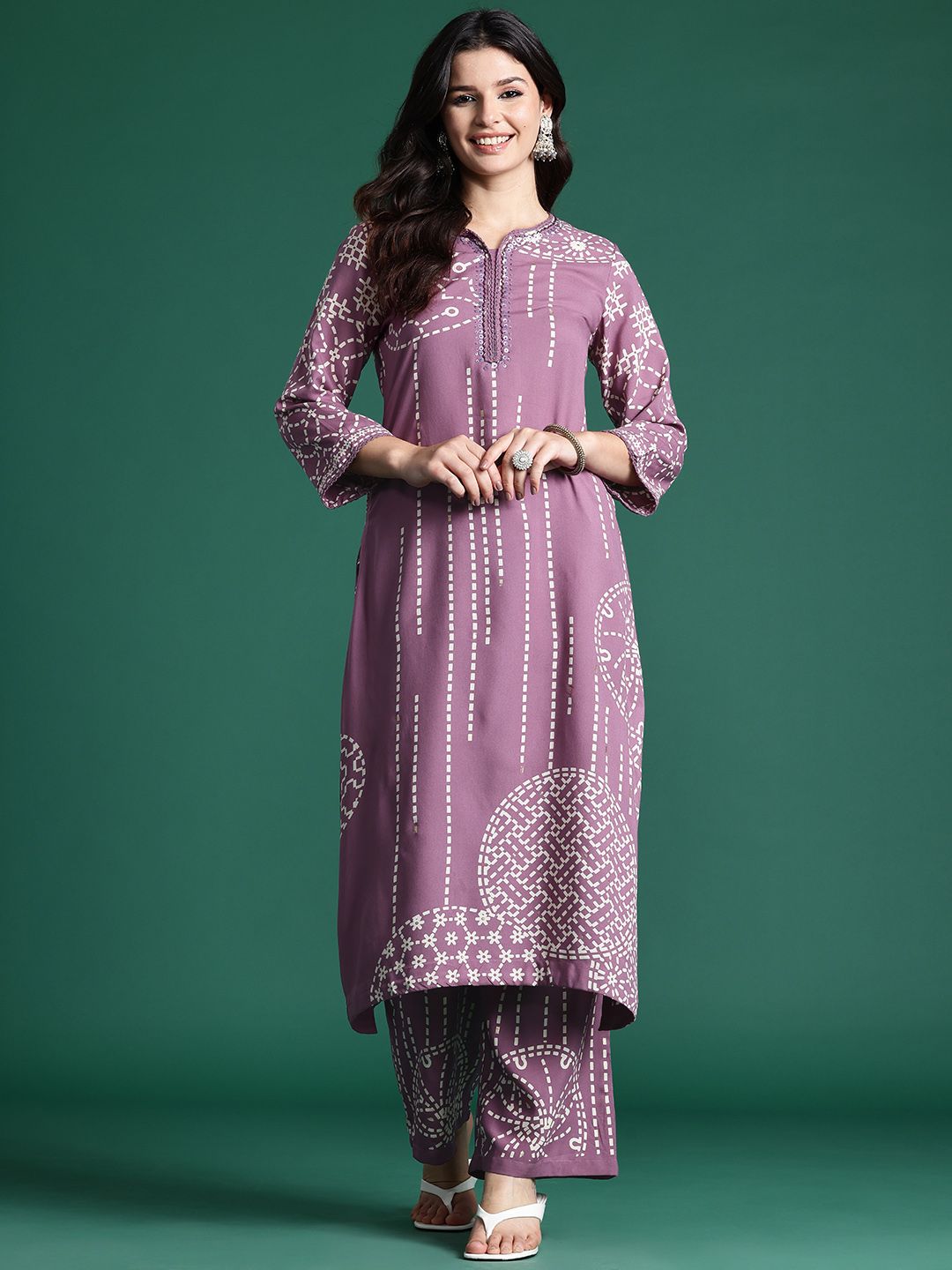 Dhiyona IE Printed Beads & Stones Kurta with Palazzos