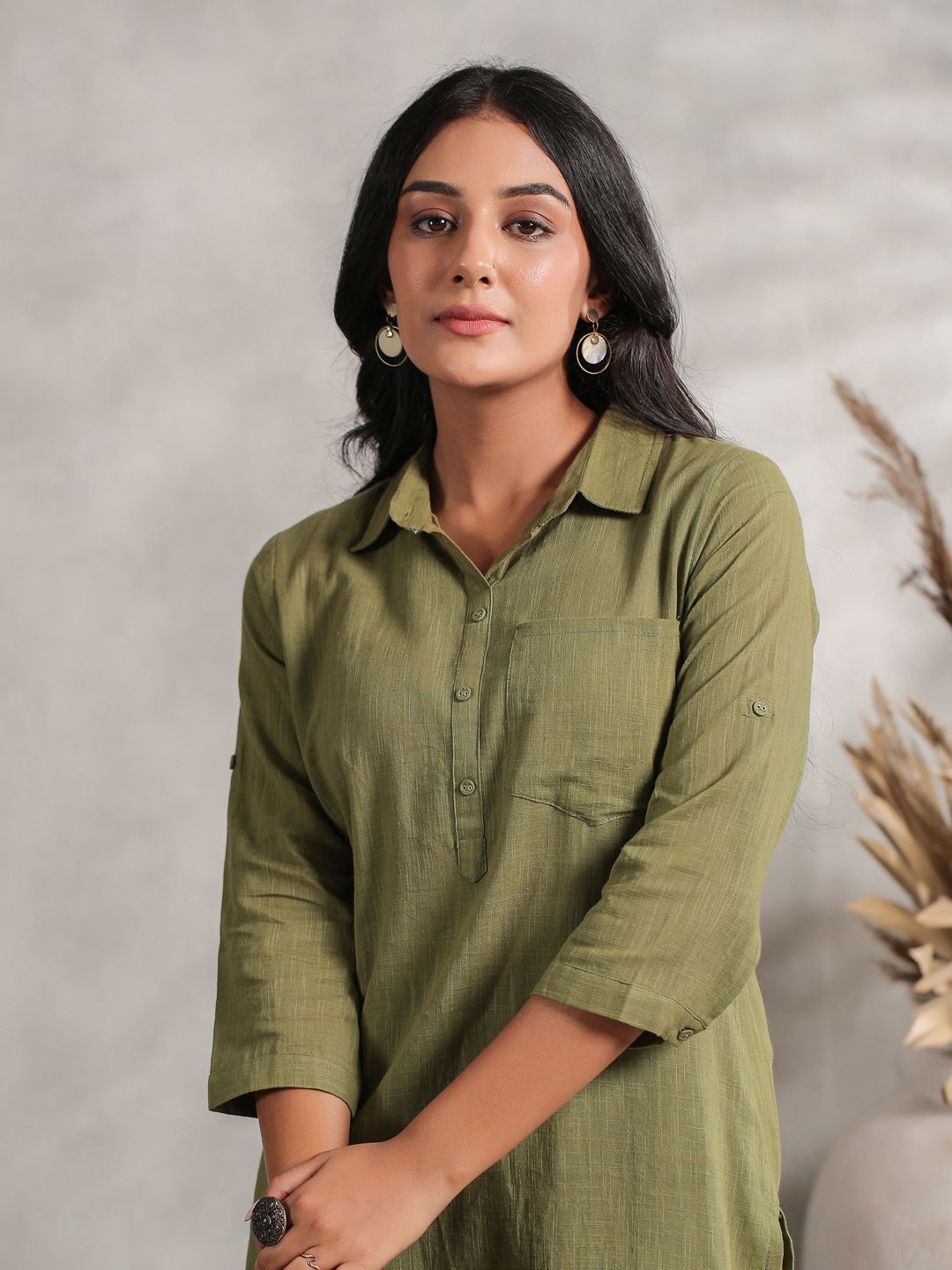 Dhiyona IS Women's Shirt Collar Cuffed Sleeves Fusion Pure Cotton Kurta with Trousers