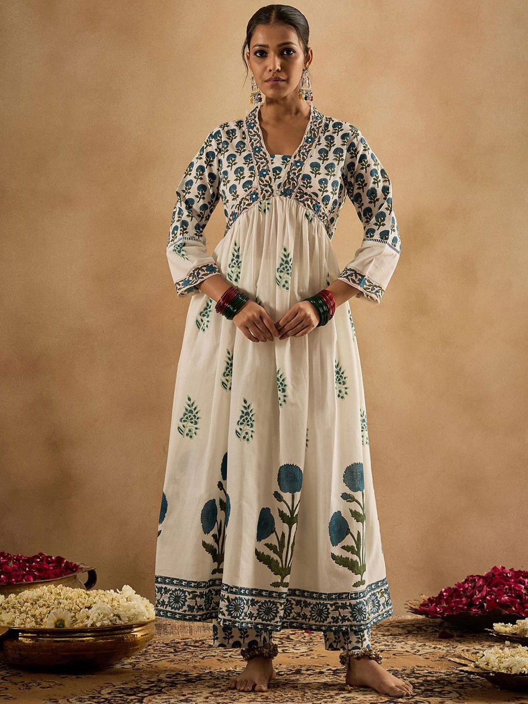 Dhiyona IE Floral Printed Empire Pure Cotton Anarkali Kurta With Trouser & Dupatta