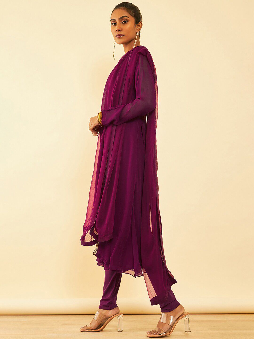 Dhiyona SO Women's Magenta Embroidered Regular Beads and Stones Kurta with Churidar & Dupatta