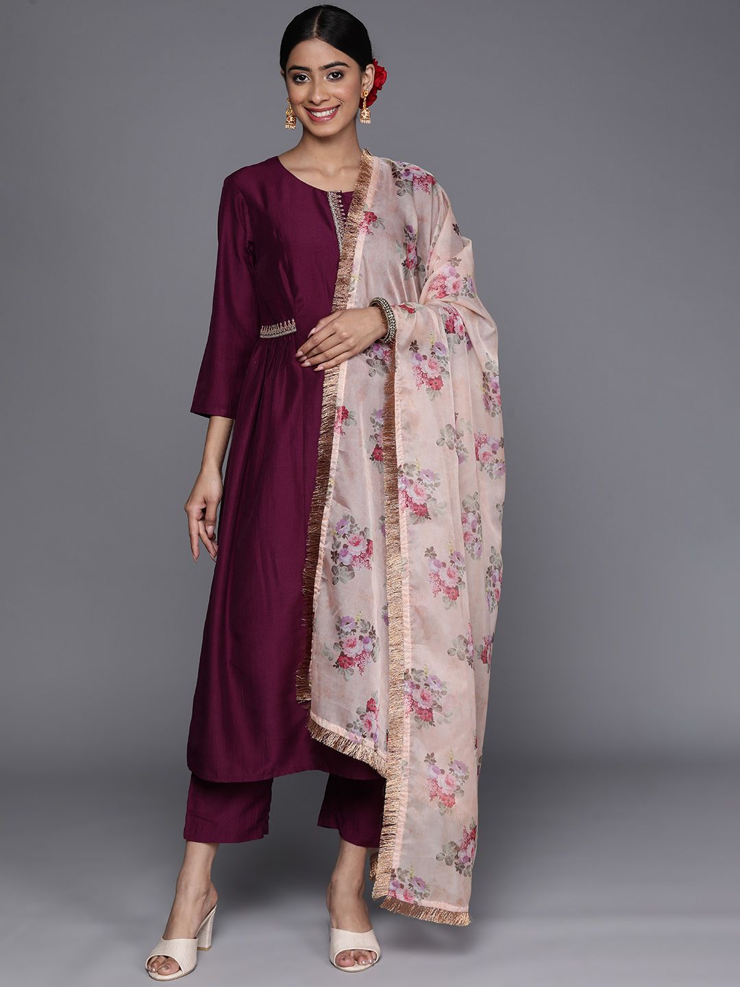 Dhiyona VA Women'sEthnic Motifs Zari Embroidered Regular Kurta With Trousers & Dupatta